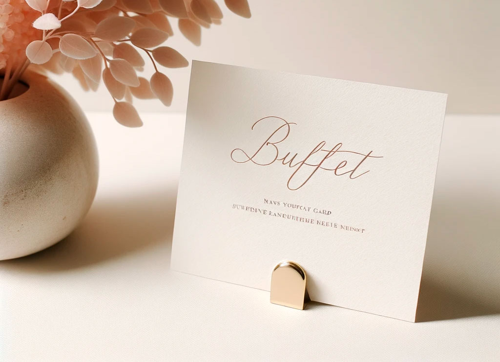 Tarjeta para buffet blanca con el texto BUFFET en el centro